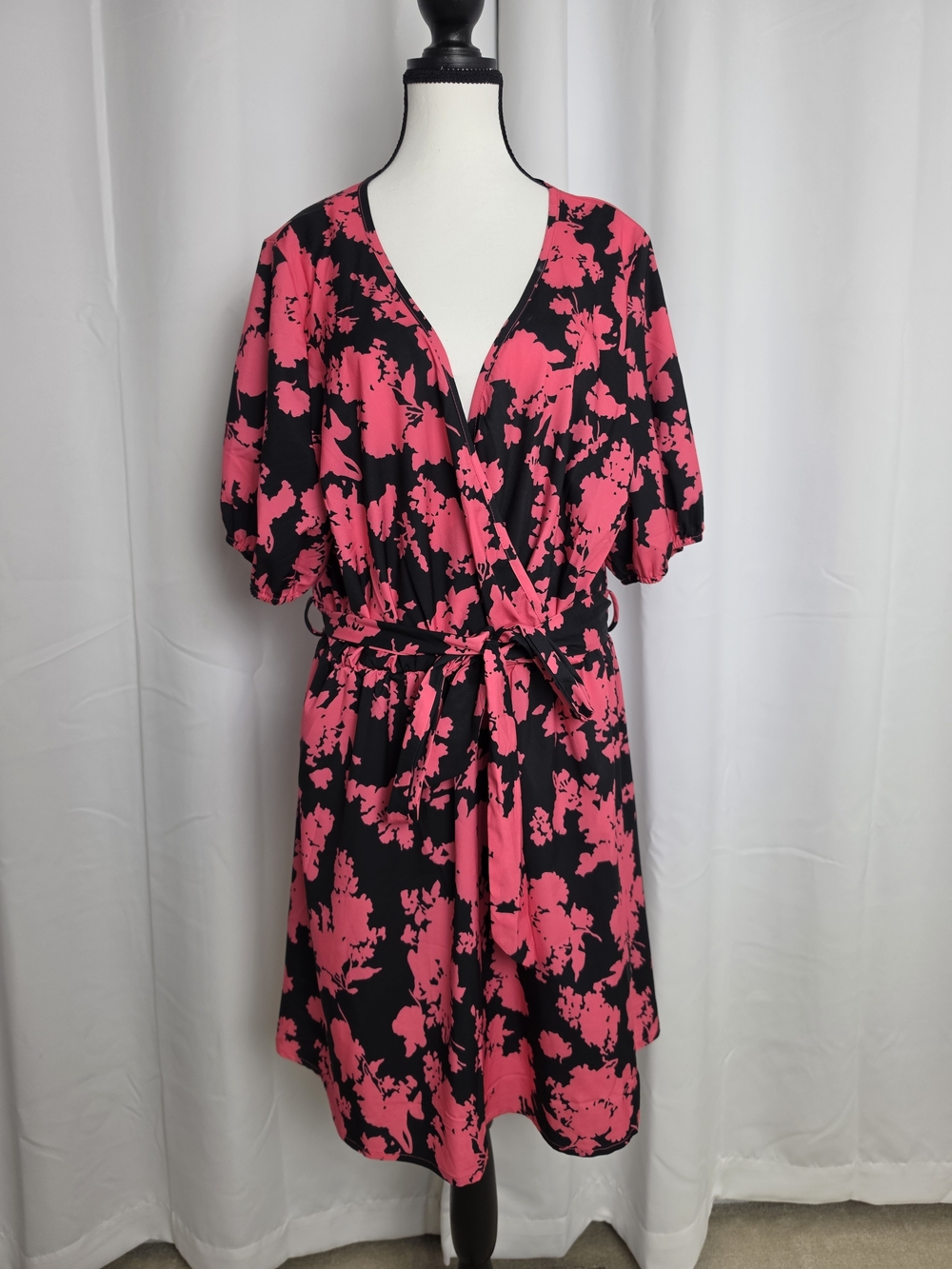 Women's Black and Hot Pink Floral Wrap Dress